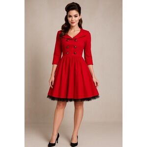 Hearts and Roses Dress‎ Womens 8 Red Double Breasted Fit N Flare Pinup Feminine